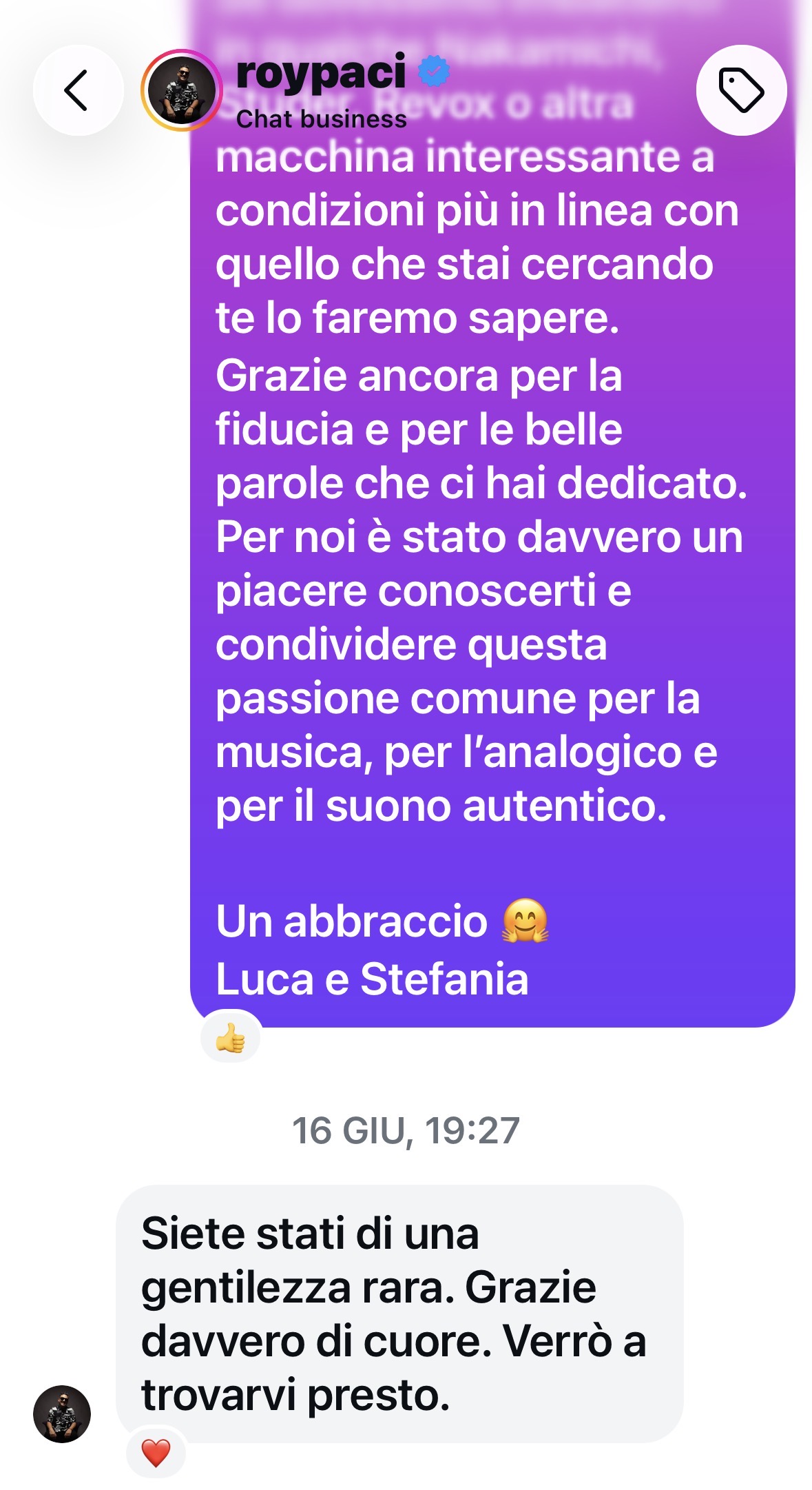 Messaggio di un cliente a Spinaudio Hi-Fi