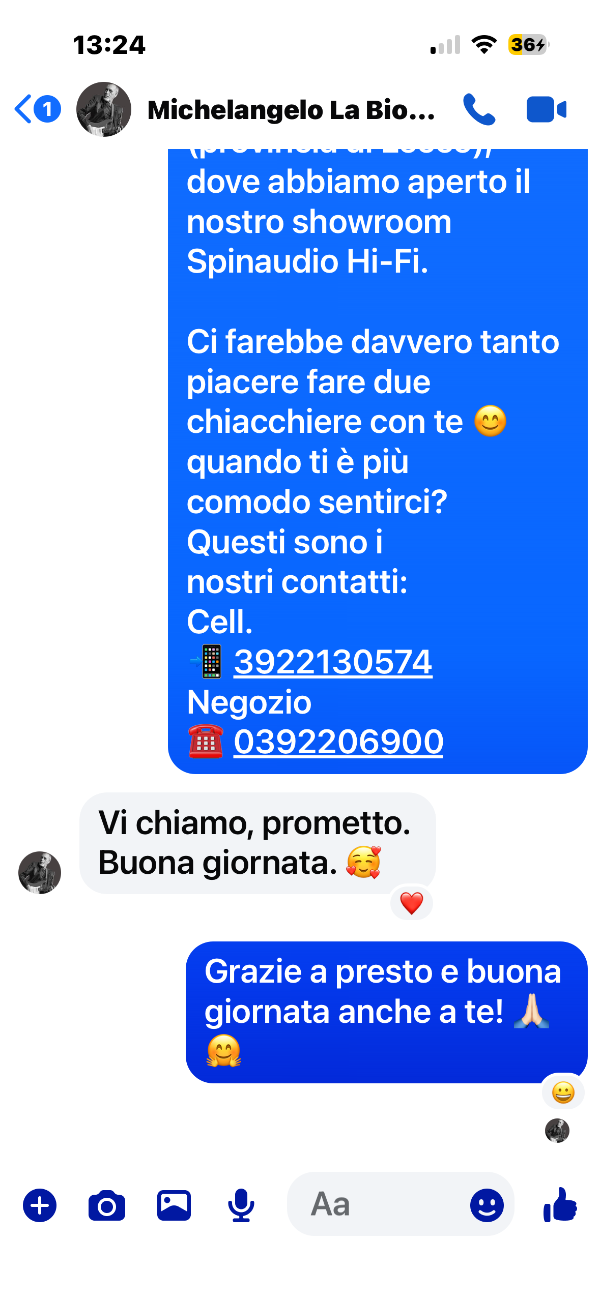 Messaggio di un cliente a Spinaudio Hi-Fi