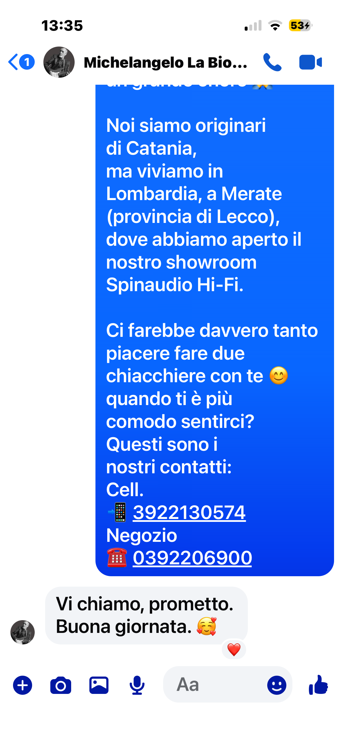 Messaggio di un cliente a Spinaudio Hi-Fi